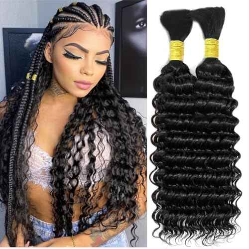 Human Braiding Hair 2 Bundle 100g Deep Wave Bulk Human Hair for Braiding No Weft 12A Brazilian Virgin Curly Human Hair Extensions for Boho Braids (Deep Wave-1B, 26/100g)