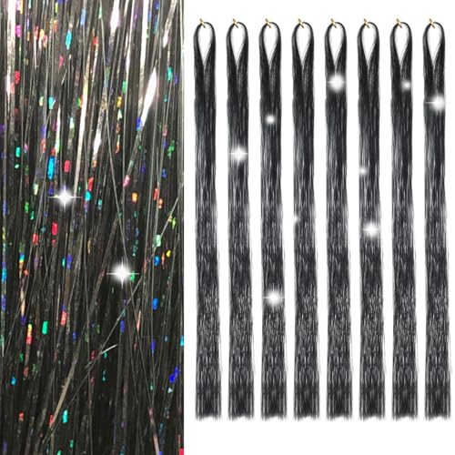 Hair Tinsel Extensions - 8 Packs, 1600 Strands, 50 Inch Black