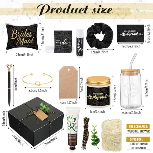 Meanplan 14 Pcs Bridesmaid Proposal Gifts Set, Will You Be My Bridesmaid Gifts with Proposal Box Glass Cup Makeup Bag Cards Lip Balm Hand Cream Candle Scrunchie Bracelet Diamond Pen for Wedding(Black)