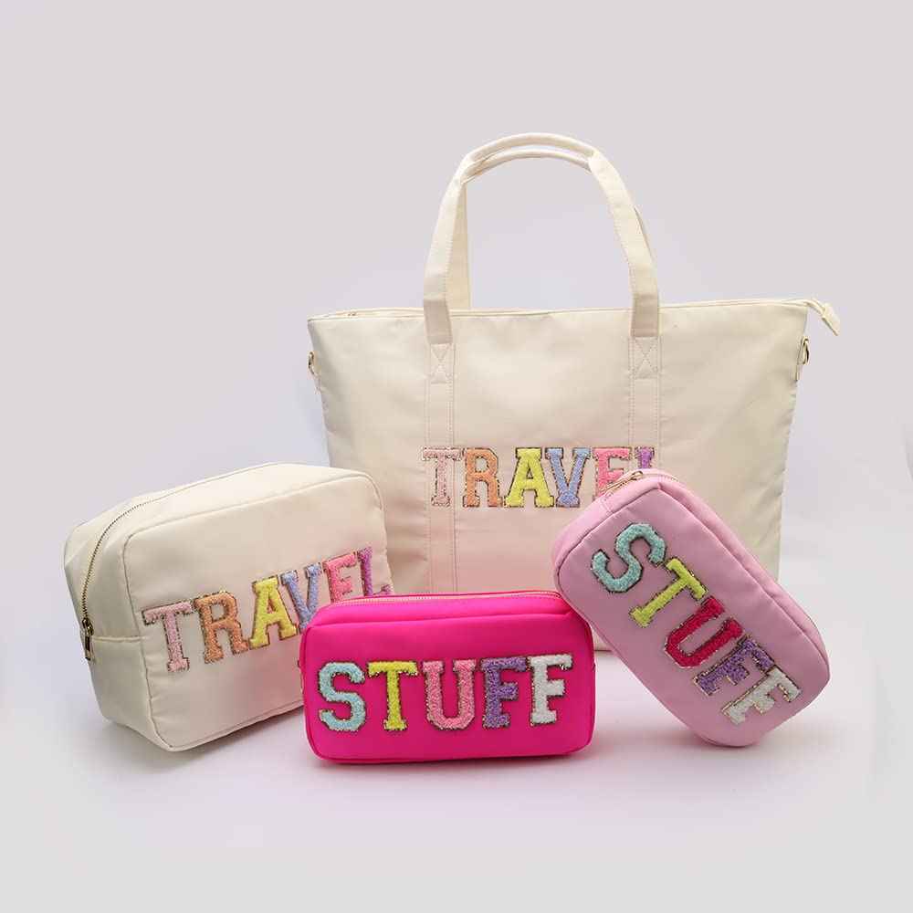 Kaymey Extral Large Cosmetic Bag Makeup Pouch Bag Case Nylon With Chenille Letter Patches (Beige#TRAVEL, XL)