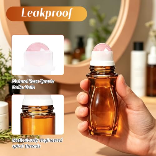 50ml Rose Quartz Amber Glass Roller Bottle Set - Empty Leakproof 2 Pack with Funnel & Opener