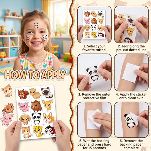 96 PCS Kawaii Animals Temporary Tattoos for Kids