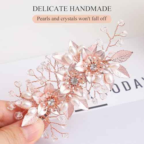 Wedding Hair Clips, Floral Rhinestone Pearl Hair Accessories for Bridal Women, Set of 3 (Rose Gold)