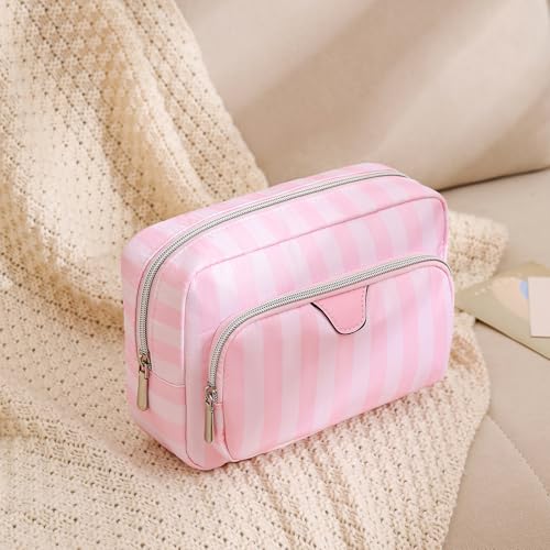 Cute Pink & White Stripe Makeup Bag with Compartments,Nylon Travel Essentials Coquette Cosmetic Bag Organizer Toiletry Bag for Women Girls (02Compartments)