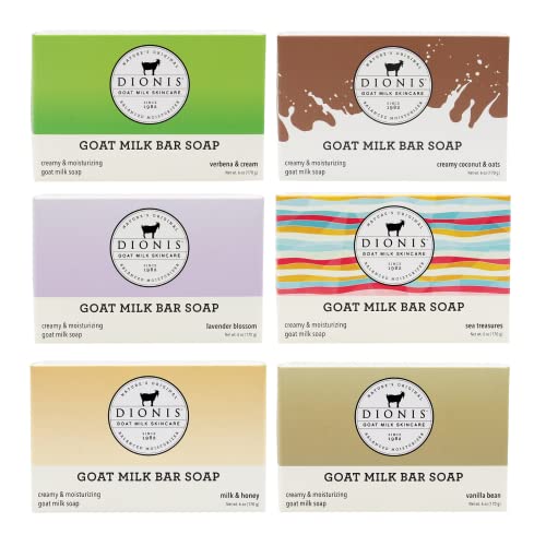 Dionis Goat Milk Bar Soap Expanded Gift Set of 6 Moisturizing Triple Milled Soap Bars for All Skin Types – Paraben Free, Cruelty Free, Made in the USA - Nourishes, Moisturizes & Hydrates Dry Skin