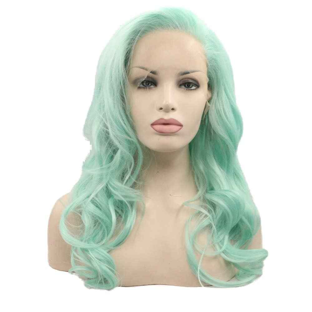 Xiweiya Mint Green Lace Wig Heat Resistant Fiber Hair Mermaid Green Blue Color Mixed Synthetic 13*3 Lace Front Wig for Women Hair Replacement Wig Half Hand Tied 24" Wig