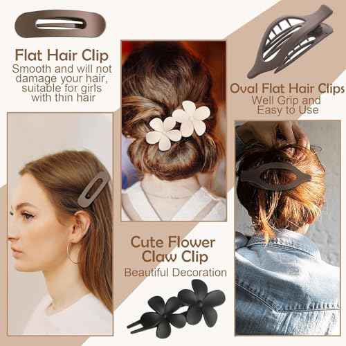 6 PCS Flat Hair Clips, French Lay Flat Claw Clips for Women Girls, 3 Styles Strong Hold Non-slip Matte Hair Claws for Thin Thick Hair(Brown&White)