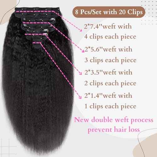 Kinky Straight Clip ins Human Hair Double Weft 8Pcs 120G 4c Yaki Straight Clip Ins Hair Extensions Full Head Brazilian Remy Hair for Women Natural Black(18inch)