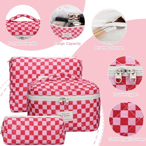 Quilted Makeup Bag Set - 3 PCS Cute Floral Cotton Makeup Bag, Large Coquette Aesthetic Make up Cosmetic Bag, Flower Travel Toiletry Organizer Bags for Women Girls