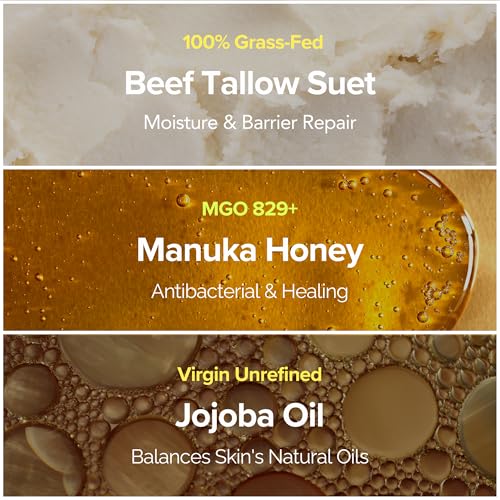 100% Grass-Fed Suet Beef Tallow and Manuka Honey Balm Natural Moisturizer Cream for Face & Body Eczema Relief Cream Moisturizer for Dry Skin Pure Tallow Face Moisturizer for Sensitive Skin