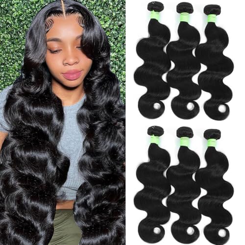 Human Hair Bundles Body Wave Bundles Human Hair 12 14 16 Inch 12A Grade 100% Unprocessed Brazilian Virgin Hair Body Wave 3 Bundles Deals Real Human Hair Extensions For Black Women Natural Black