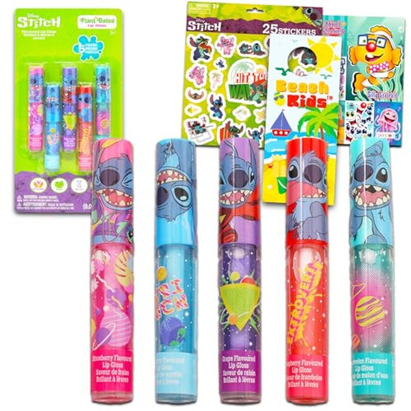 Stitch Lip Gloss Bundle for Girls ? 5 Pack of Stitch Glosses for Lips in Assorted Flavors Plus Stickers, More | Stitch Party Favors for Kids