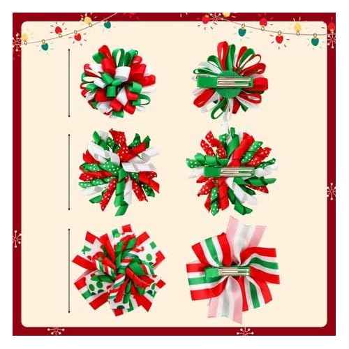 JUNEBRUSHS 6 Pcs Christmas Hair Bows Clips, Red Green White Ribbon Curly Hair Accessories for Girls Christmas Favor Gift Holiday Decor Accessory