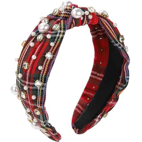 WantGor Pearl Knotted Headband, Women Rhinestone Embellished Hairband Elegant Wide Top Knot Bride Headbands Headpieces Party Fashion Elegant Ladies Hair Band Hair Hoop Accessories (Red Plaid)