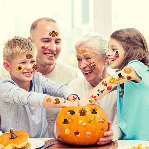 117PCS Thanksgiving Temporary Tattoos for Kids, 9 Sheets Thanksgiving Stickers Turkey Pumpkin Leaves Nuts Patterns, Fall Tattoos Stickers for Harvest Gathering Party Favors Accessories Decorations