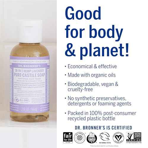 Dr. Bronner's - Pure-Castile Liquid Soap, Made with Organic Oils, 18-in-1 Uses: Face, Body, Hair, Laundry, Pets and Dishes, Concentrated, Vegan, Non-GMO (Lavender, 2 ounce, 2-Pack)