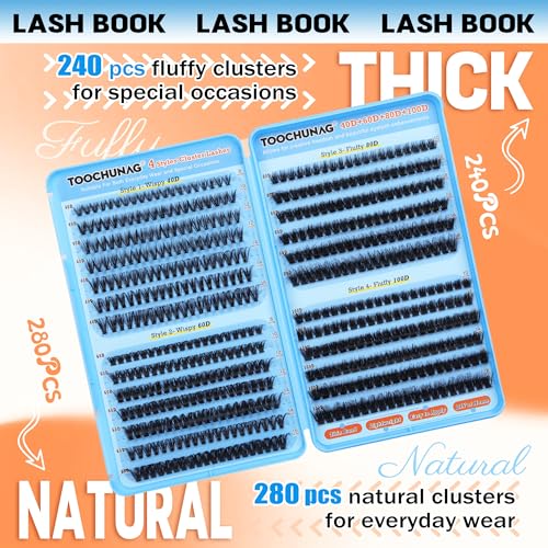 TOOCHUNAG Fluffy Lash Clusters 520pcs Individual Lashes Cluster Eyelash Extensions Wispy DIY Eye Lash Extension Thick Volume Curly Eyelash Clusters(8-18mm,4 Styles)