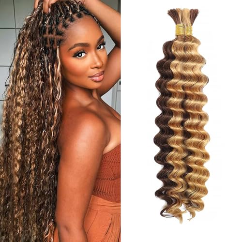 WuvuSnm Bulk Deep Wave Boho Braiding Hair - Highlight Blonde #4/27, 26 Inch, 2 Bundles