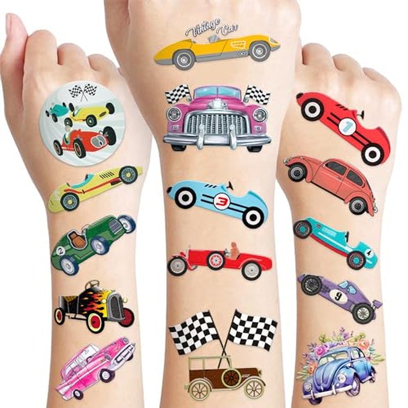 119 PCS Classic Vintage Race Car Temporary Tattoos Sticker Race Car Themed Birthday Party Decorations Supplies Favors Gifts Boys Girls Men Women Retro Cute Fake Tattoo School Prizes Carnival