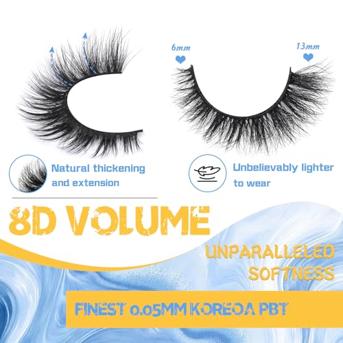Ailynalash 13MM Cat Eye Mink Lashes - 8D Fluffy Wispy, 6 Pairs