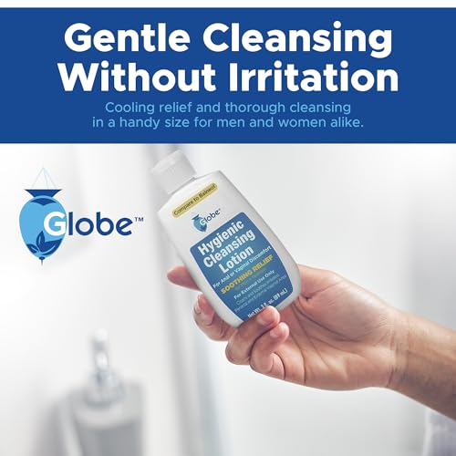 Globe Hygienic Cleansing Lotion for Men and Women, Discomfort, Pain & Itch Relief for Sensitive Areas, Cooling, Non-Irritating & Non-Drying Gentle Personal Care Cleanser, Travel Must Have,3 oz Bottle