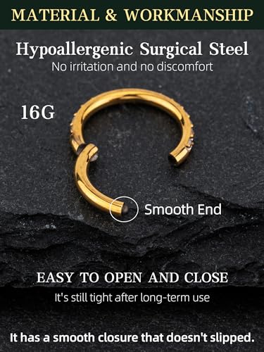 HANCAO Hypoallergenic 14K Gold Plated Nose Rings Hoops - 16G Surgical Steel Cartilage Earrings Septum Jewelry Hinged Segment Ring CZ Paved Lip Daith Rook Helix Tragus Lobe Snug Body Piercing 6MM