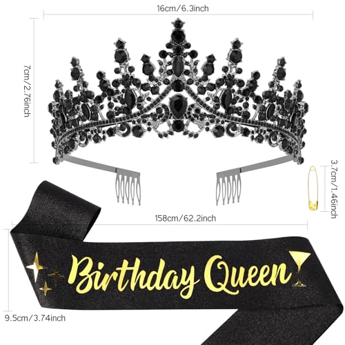 Black Birthday Queen Crown & Sash Set for Adults – CURASA Glitter Tiara and Satin Ribbon