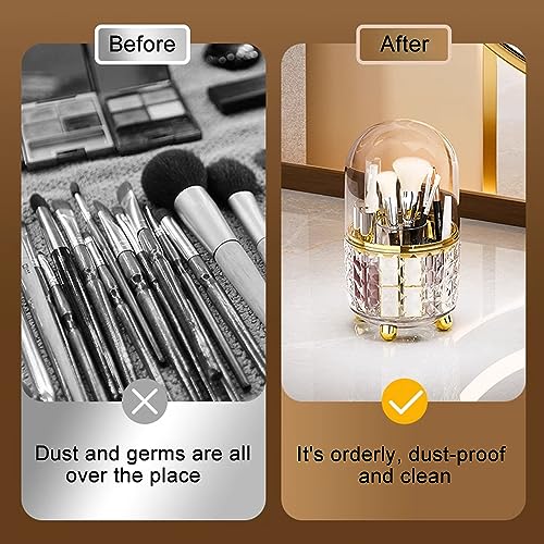 Makeup Brush Holder with Dustproof Lid, 360¡Æ Rotating Makeup Organizer, Spinning Cosmetic Organizer Pen Holder for Vanity Bathroom (Clear Gold)