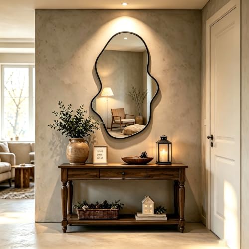 Irregular Black Wavy Wall Mirror - Abstract Decorative Design (22"x36")