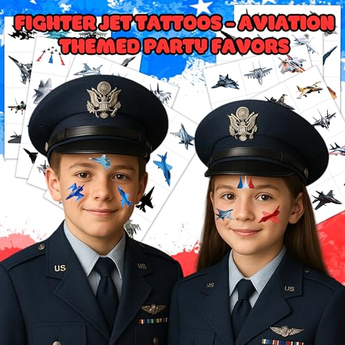 Jet Temporary Tattoos Stickers for Kids Boys Girls ? 96PCS Fighter Jet & Airplane USA Designs ? Birthday Party Favors, Supplies, Decorations, Military Pilot Themed Birthday Gifts Prizes Rewards