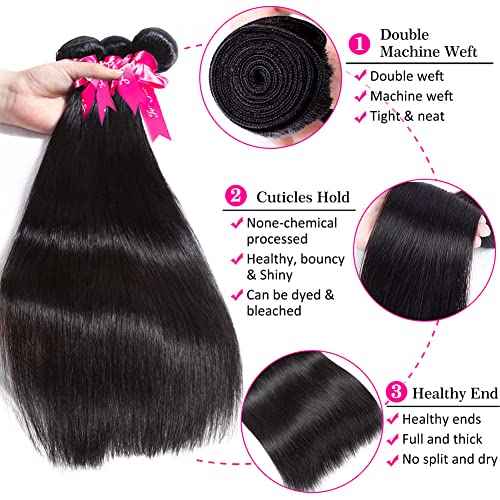 Subella Brazilian Straight Hair 3 Bundles Grade 10A Virgin Unprocessed Brazilian Straight Human Hair Weave Bundles Natural Black Color (14 16 16inch)