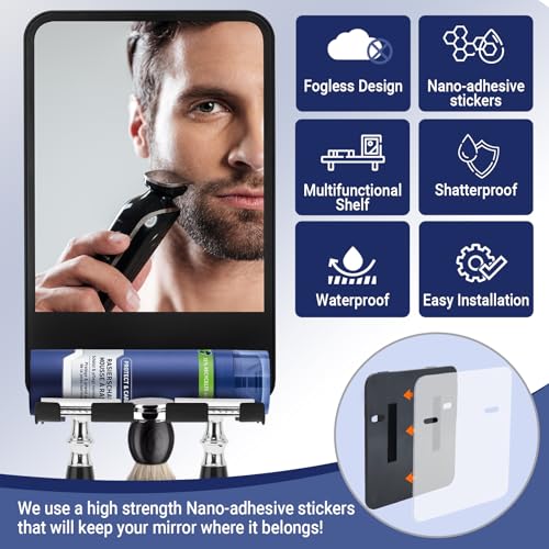 Fogless Shower Mirror with Razor Holder, No-Drill Anti-Fog Shaving Mirror