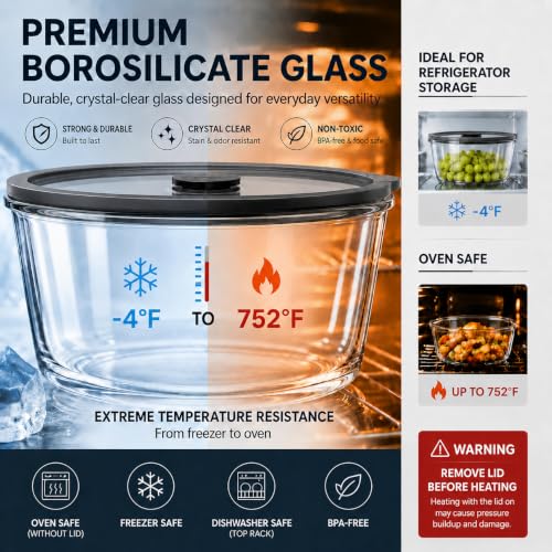 Glass Food Storage Containers 2-Pack, 52oz & 90oz, Airtight Meal Prep
