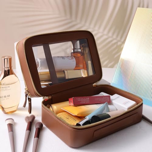 SANHECUN Clear Travel Toiletry bag Toiletry Case Carry on Travel Accessories Bag Makeup Bag Dimensions | LxWxH:9¡± x 6¡± x 4.2¡± (Brown, SHC-TL-2)