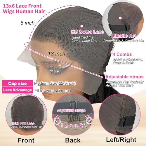 RAYFOG 13x6 Body Wave Human Hair Lace Front Wig 30 Inch Natural Black 180% Density