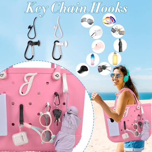 8 PCS Beach Bag Accessories Set for Bogg Bag, Silicone Phone Holder, 2 Clear Bag Insert Pouch, 4 Key Chain Hooks and Carabiners, Letter Charms Attachment, Compatible for Small & Large Beach Tote Bags