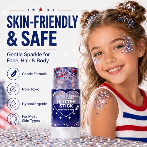 Red White & Blue Patriotic Glitter Stick, Waterproof 4th of July