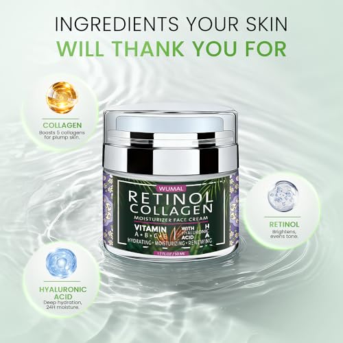 Retinol Cream with Collagen & Hyaluronic Acid - Face Moisturizer for Women and Men - Reduces Wrinkles, Fine Lines and Dryness - 1.7 oz