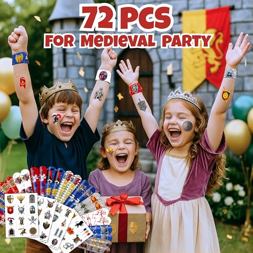 72-Piece Medieval Knight Party Favors Set - Tattoos & Slap Bracelets