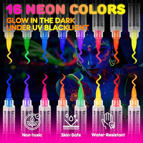 ThEast 16 Color UV Neon Face Paint Markers Glow in Dark Body Paint for Parties