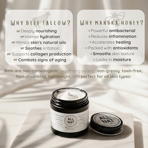 All Nat Whipped Beef Tallow & Manuka Honey Face Cream ? Hydrating, Clean Beauty Moisturizer for Sensitive Skin, Natural Skincare, 3.0 oz