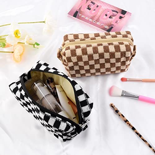 2 Pack Makeup Bag Organizer, Black Brown Checkered Cosmetic Pouch