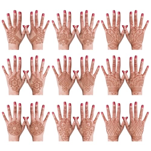 Henna Tattoo Kit, 18 Sheets Self-Adhesive Henna Tattoo Stencils Indian Mehndi Designs for Hands, Traditional Body Art