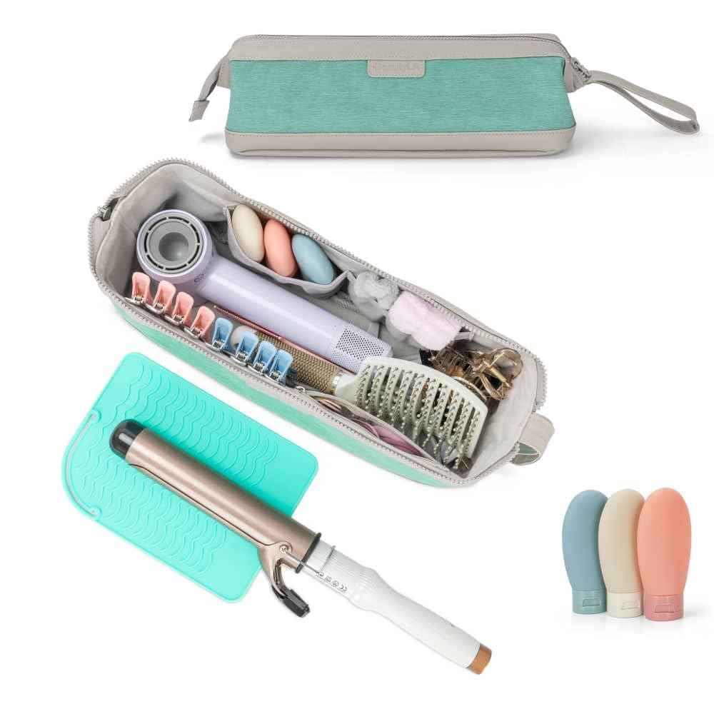 ‍Hair Tool Travel Bag with Heat Resistant Mat – Travel Case for Curling Iron, Straightener, Dy son Air wrap, Shark FlexStyle – Waterproof Organizer with Silicone Bottles
