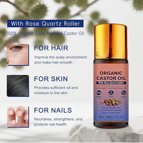 Organic Castor Oil Roll-On with Rose Quartz Roller, 1.7 Fl Oz