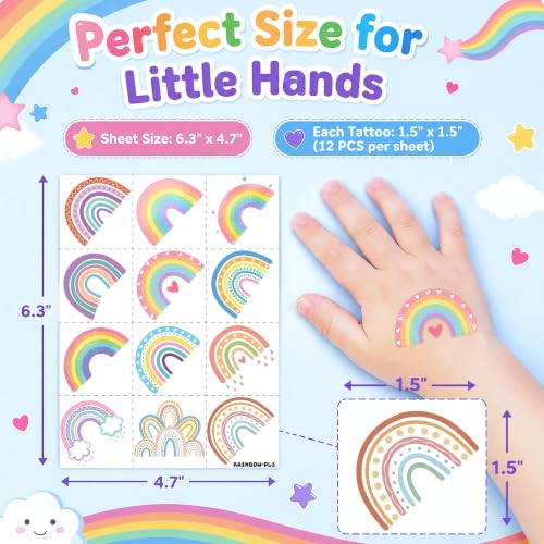 Pastel Rainbow Temporary Tattoos for Kids - 96 Designs