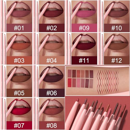 12-Piece Retractable Lip Liner Set, Waterproof & Long-Lasting