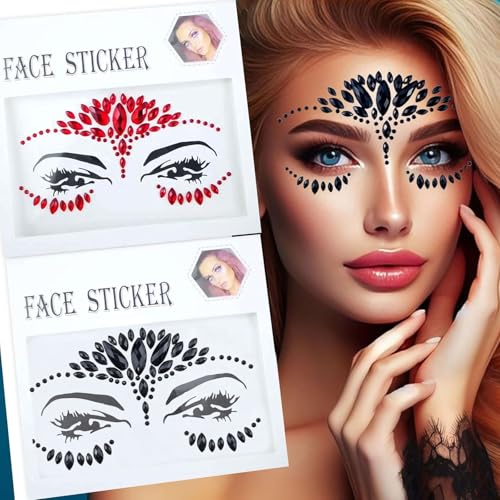 Halloween Face Tattoo Stickers 2-Pack - Black & Red Rhinestones