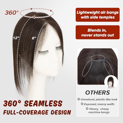TESS Clip-In Human Hair Topper with Side Bangs - 12" Dark Brown