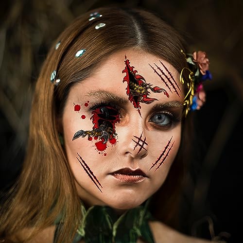 Halloween Temporary Tattoos Day of the Dead Tattoo Stickers Wound Bloody Eye Tattoo Decals 10 Sheets Fake Tattoos for Halloween Party Makeup Decorations
